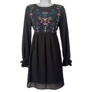 XHILARATION Embroidered Colorful Floral Print Black Long Sleeve Dress X-Small